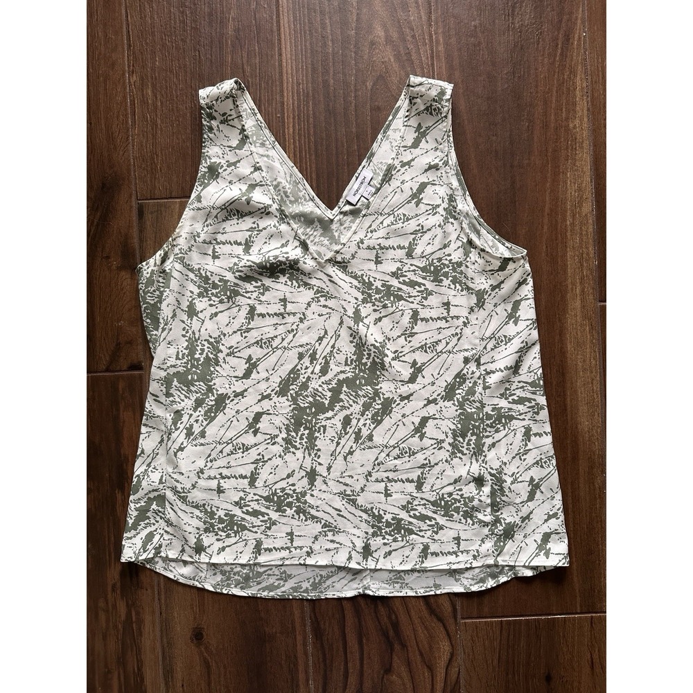 Nordstrom Women Green Ivory Abstract Print V-Neck‎ Tank Top Blouse Large